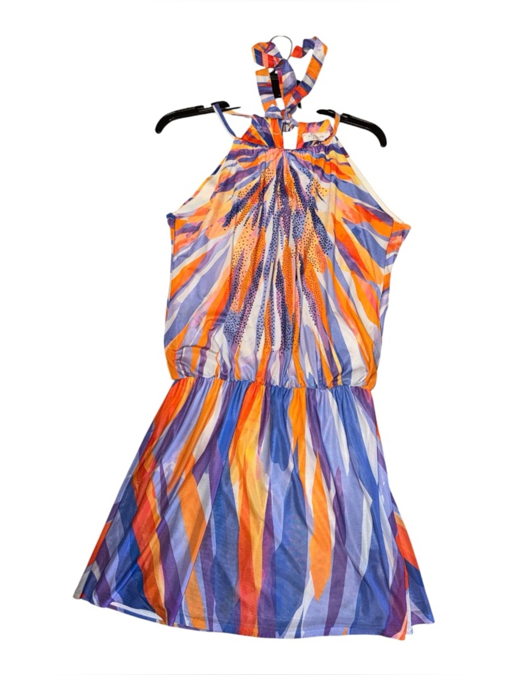 S-Twelve Y2K Halter Mini Dress Large Multicolor Print‎ Rhinestones Festival Boho